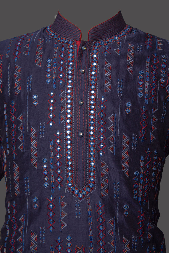 Navy Blue Chanderi Kurta Set with Mirror Work & Embroidery