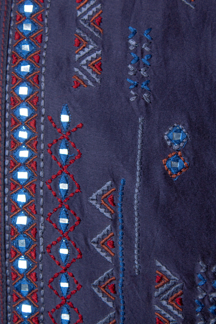 Navy Blue Chanderi Kurta Set with Mirror Work & Embroidery