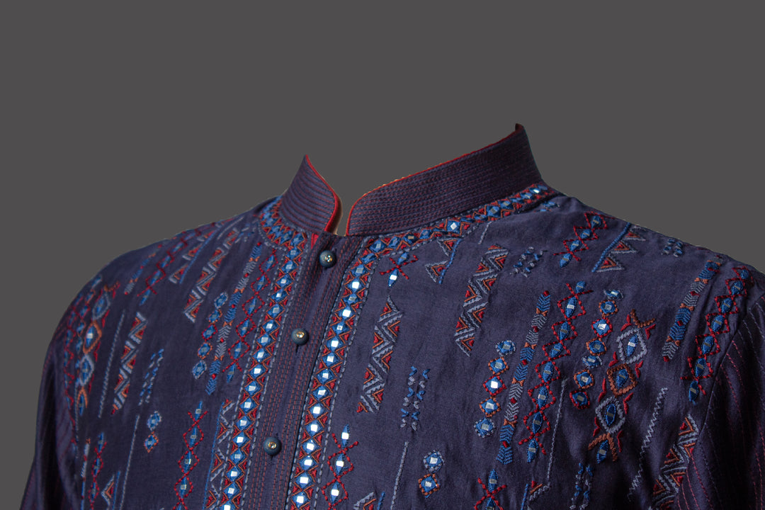 Navy Blue Chanderi Kurta Set with Mirror Work & Embroidery