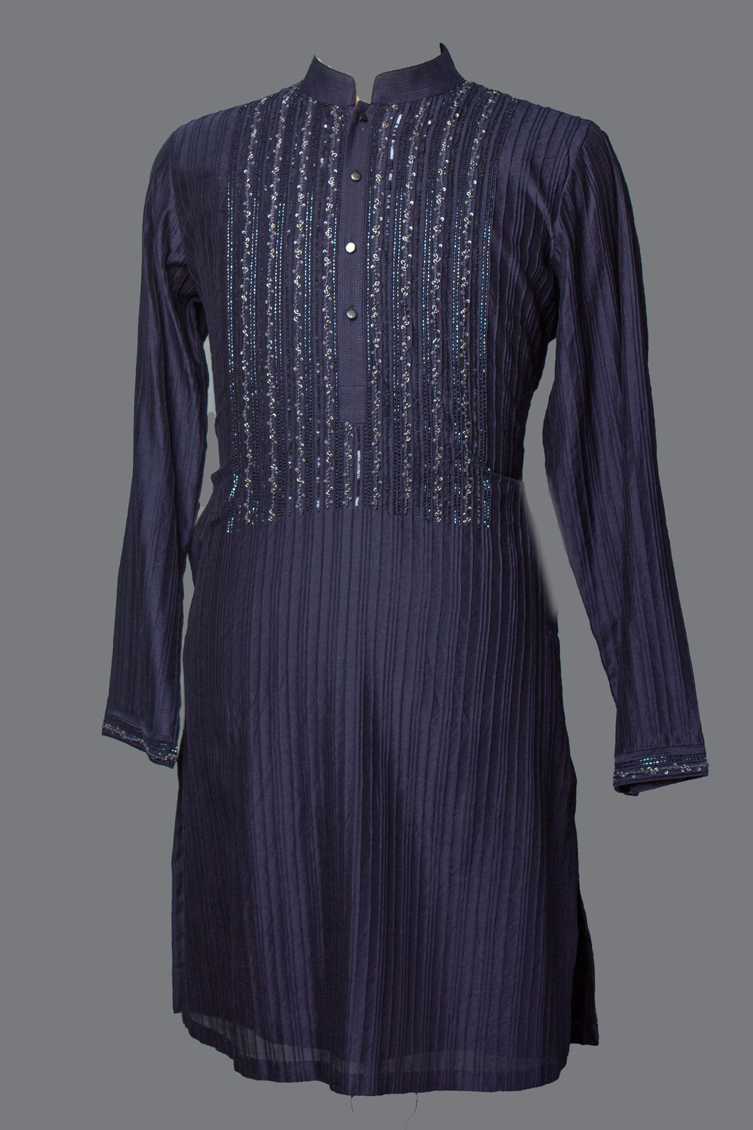 Navy Blue Chanderi Kurta Set with Pintucks & Hand Embroidery