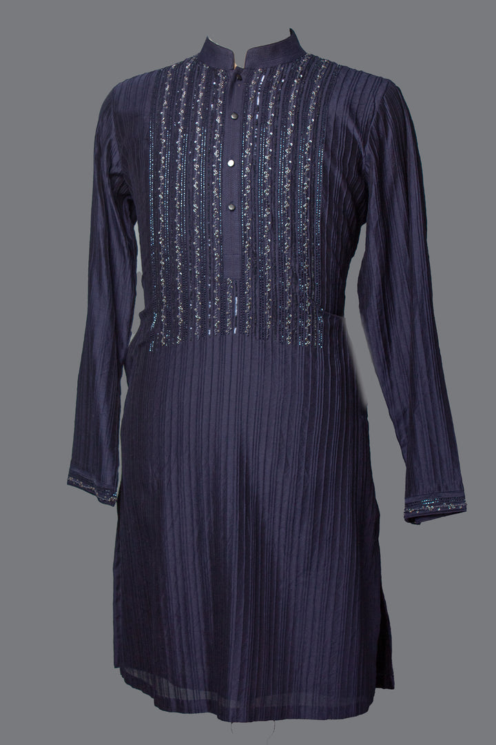 Navy Blue Chanderi Kurta Set with Pintucks & Hand Embroidery