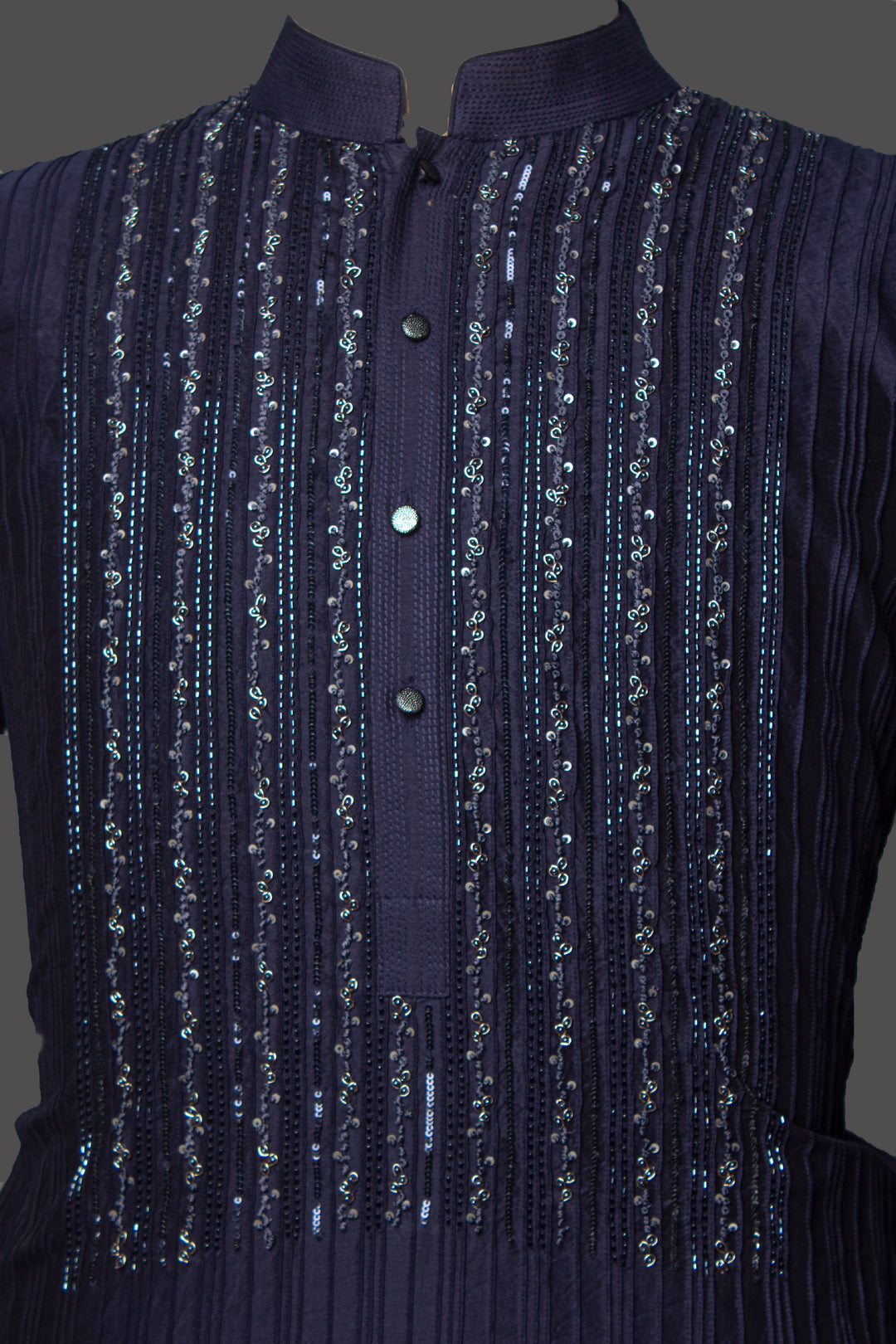 Navy Blue Chanderi Kurta Set with Pintucks & Hand Embroidery