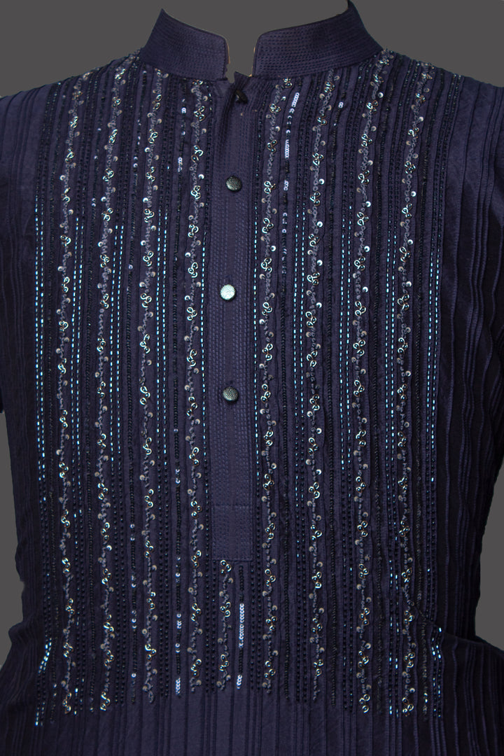 Navy Blue Chanderi Kurta Set with Pintucks & Hand Embroidery