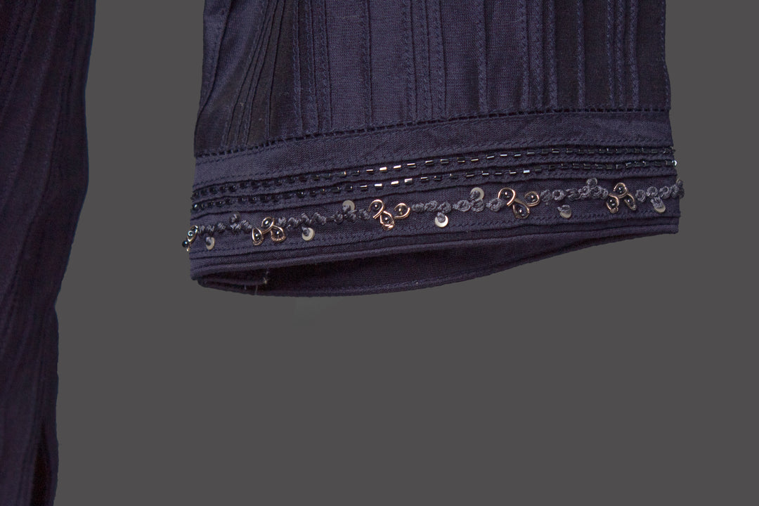 Navy Blue Chanderi Kurta Set with Pintucks & Hand Embroidery