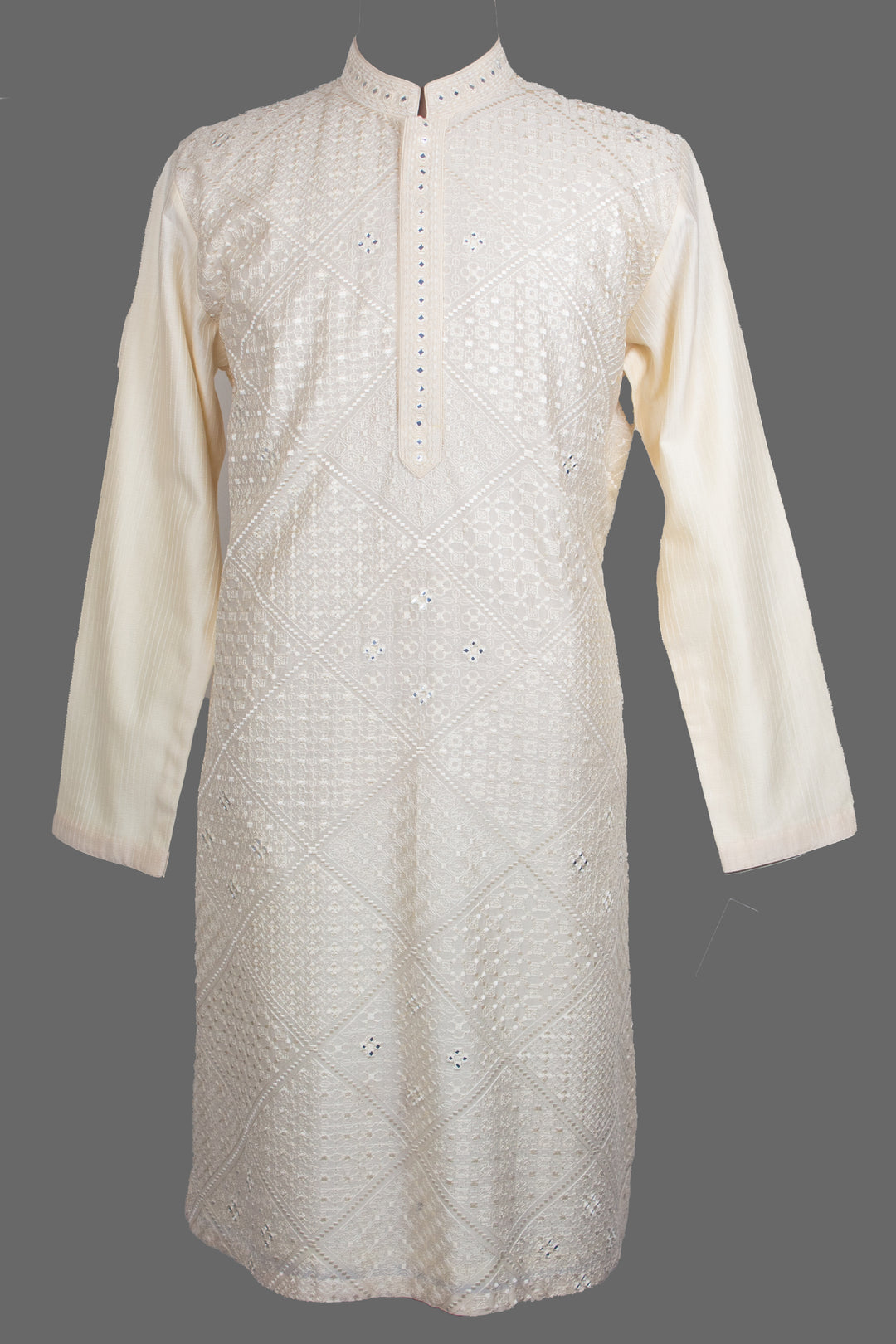 Cream Embroidered Kurta Set for Men | Mirror Work Ethnic Kurta with Churidar | Festive & Wedding Wear