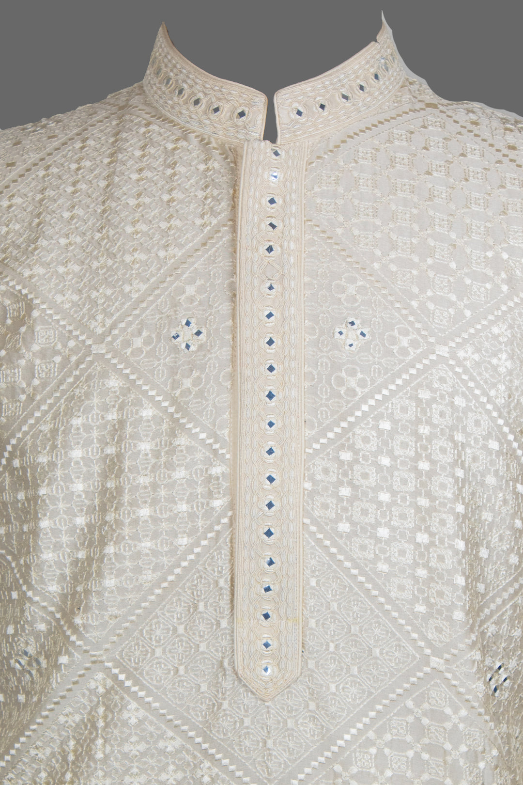Cream Embroidered Kurta Set for Men | Mirror Work Ethnic Kurta with Churidar | Festive & Wedding Wear