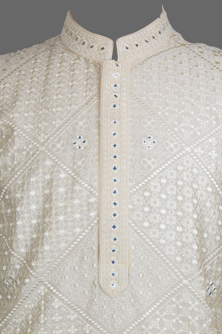 Cream Embroidered Kurta Set for Men | Mirror Work Ethnic Kurta with Churidar | Festive & Wedding Wear