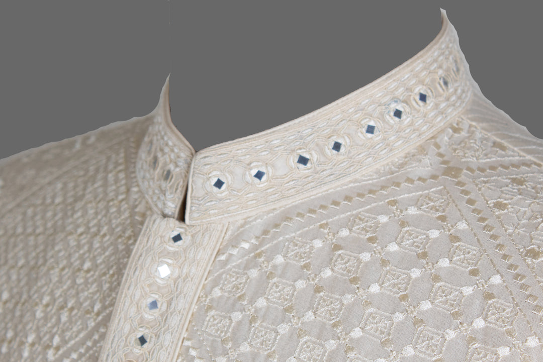 Cream Embroidered Kurta Set for Men | Mirror Work Ethnic Kurta with Churidar | Festive & Wedding Wear