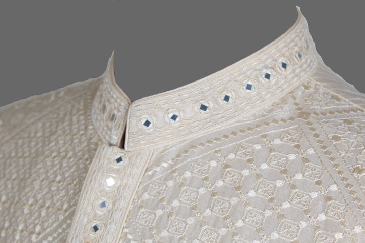 Cream Embroidered Kurta Set for Men | Mirror Work Ethnic Kurta with Churidar | Festive & Wedding Wear