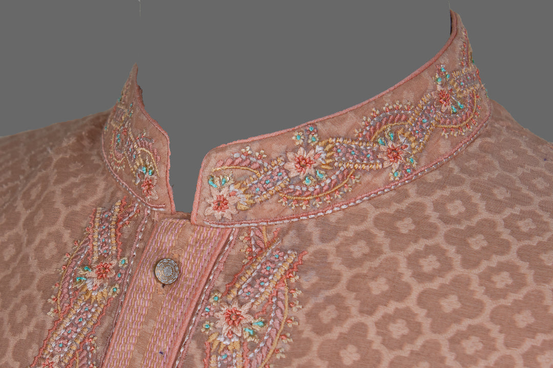 Pink Banarasi Silk Kurta for Men | Embroidered Ethnic Kurta with Churidar | Festive & Wedding Wear
