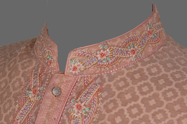 Pink Banarasi Silk Kurta for Men | Embroidered Ethnic Kurta with Churidar | Festive & Wedding Wear