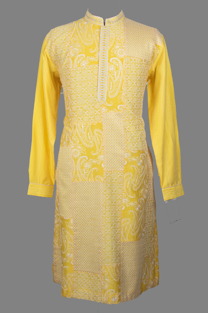 Yellow Chanderi Kurta for Men | Machine Embroidered Designer Kurta | Haldi, Wedding & Festive Wear