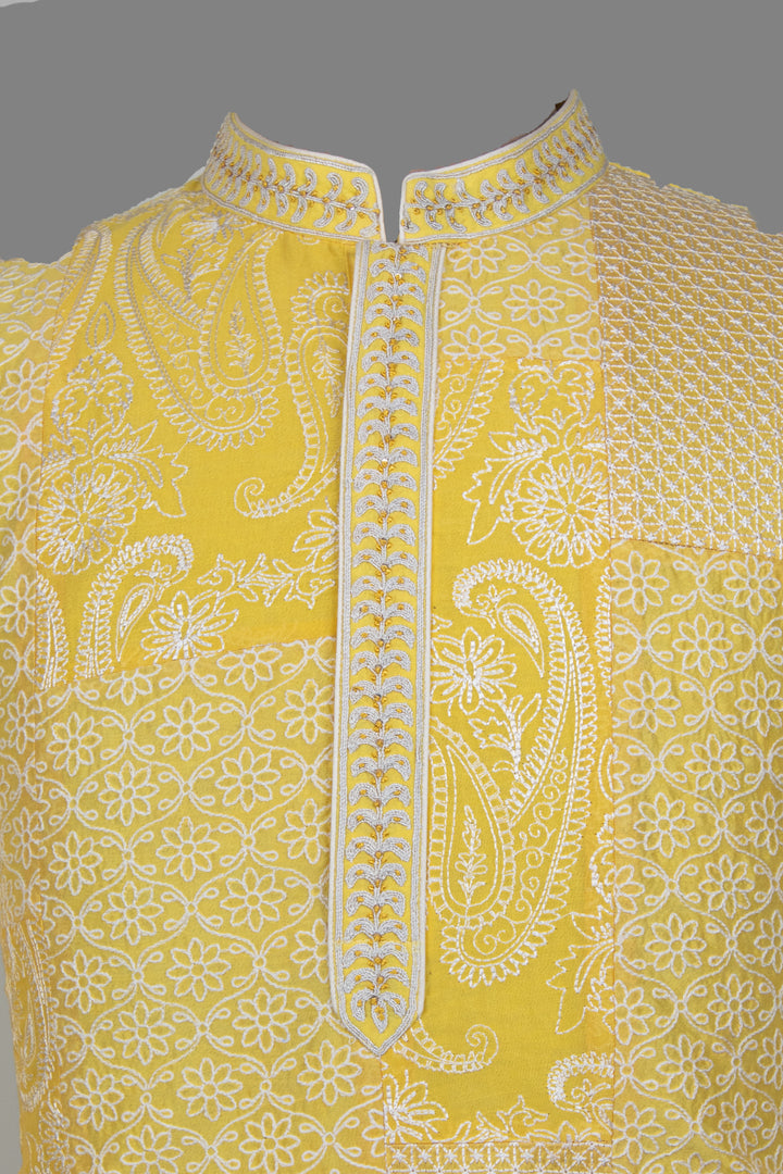 Yellow Chanderi Kurta for Men | Machine Embroidered Designer Kurta | Haldi, Wedding & Festive Wear