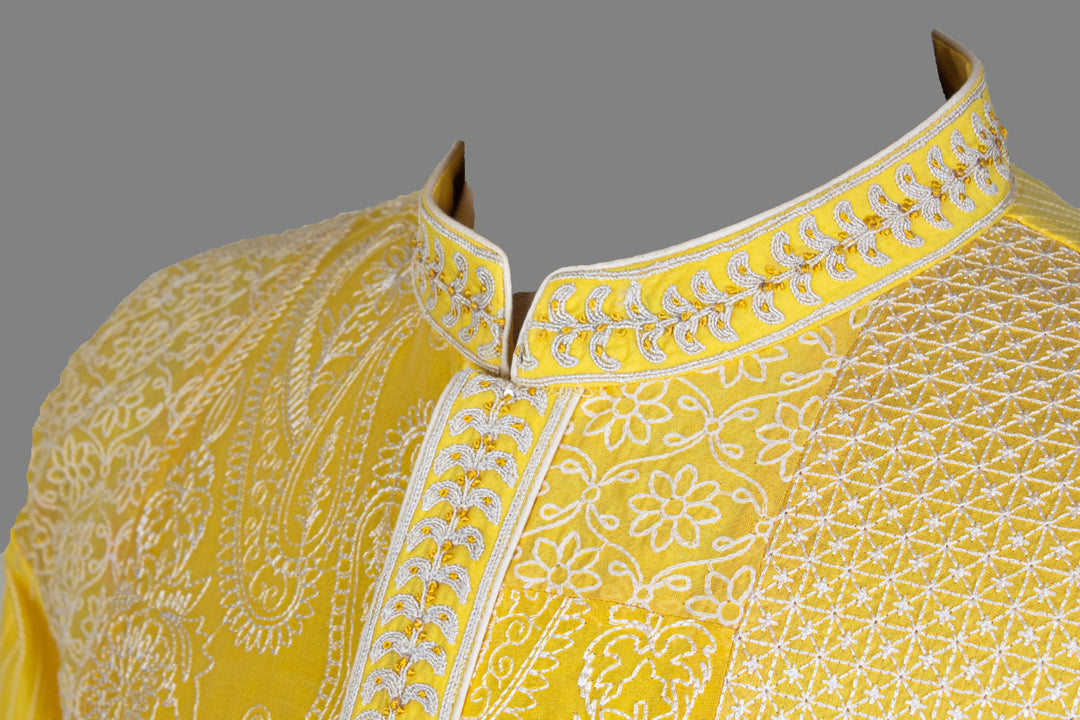 Yellow Chanderi Kurta for Men | Machine Embroidered Designer Kurta | Haldi, Wedding & Festive Wear