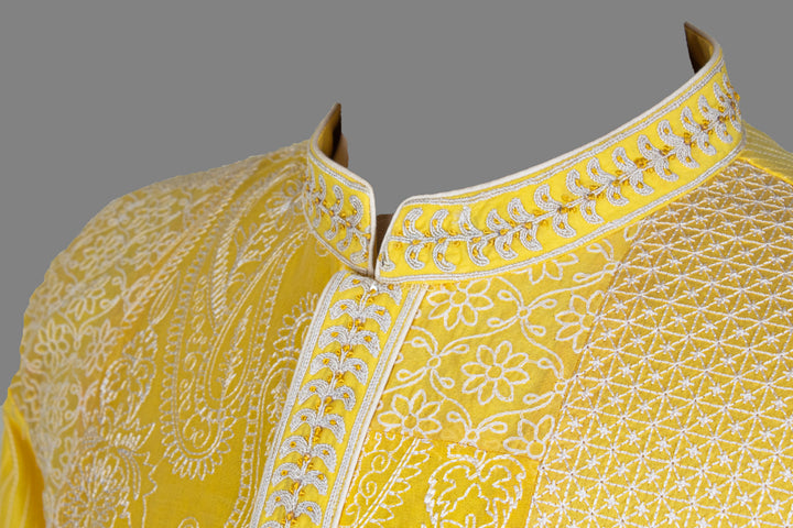 Yellow Chanderi Kurta for Men | Machine Embroidered Designer Kurta | Haldi, Wedding & Festive Wear