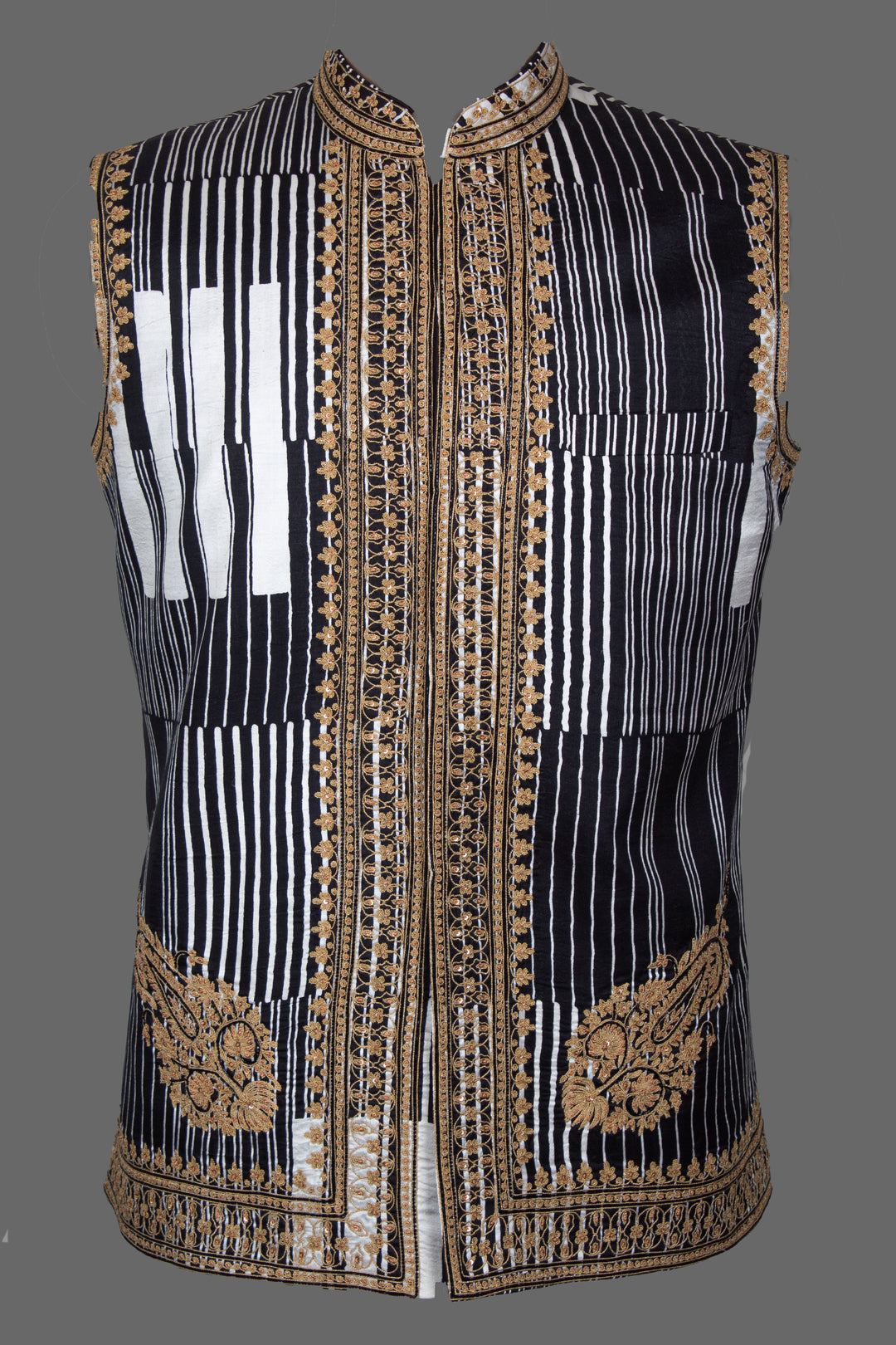 Black &amp; White Printed Silk Bundi for Men | Dori &amp; Hand Embroidered Nehru Jacket | Luxury Wedding &amp; Festive Wear