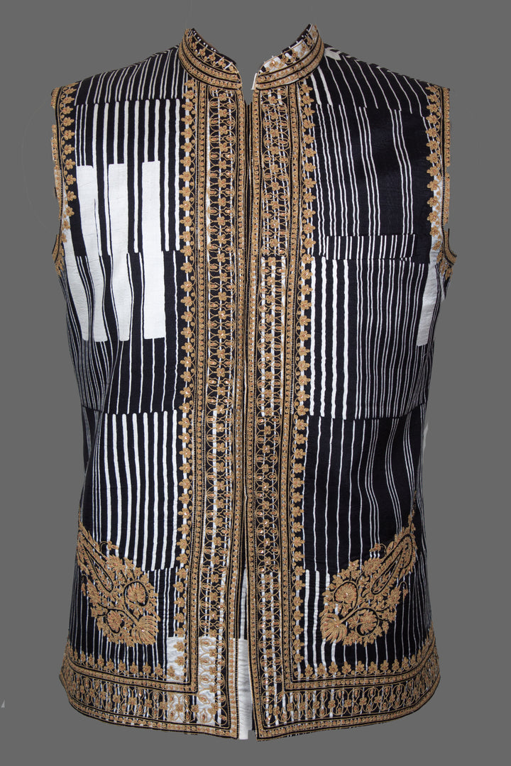 Black &amp; White Printed Silk Bundi for Men | Dori &amp; Hand Embroidered Nehru Jacket | Luxury Wedding &amp; Festive Wear