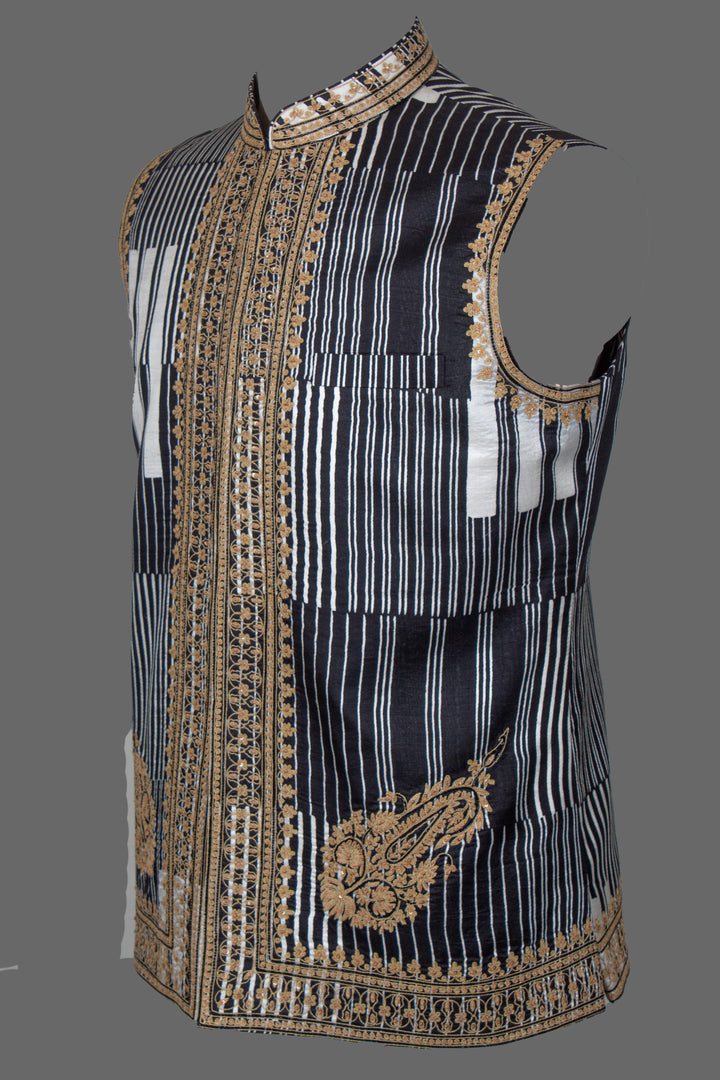 Black &amp; White Printed Silk Bundi for Men | Dori &amp; Hand Embroidered Nehru Jacket | Luxury Wedding &amp; Festive Wear