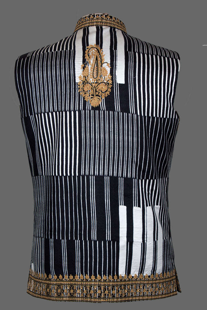 Black &amp; White Printed Silk Bundi for Men | Dori &amp; Hand Embroidered Nehru Jacket | Luxury Wedding &amp; Festive Wear