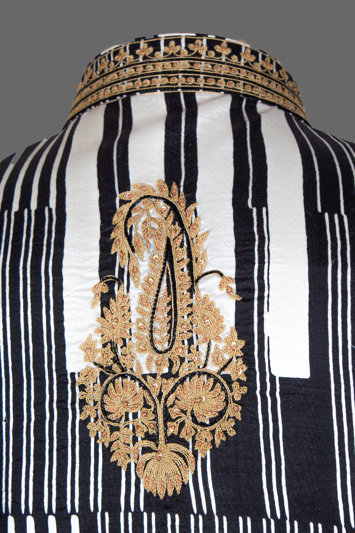 Black &amp; White Printed Silk Bundi for Men | Dori &amp; Hand Embroidered Nehru Jacket | Luxury Wedding &amp; Festive Wear