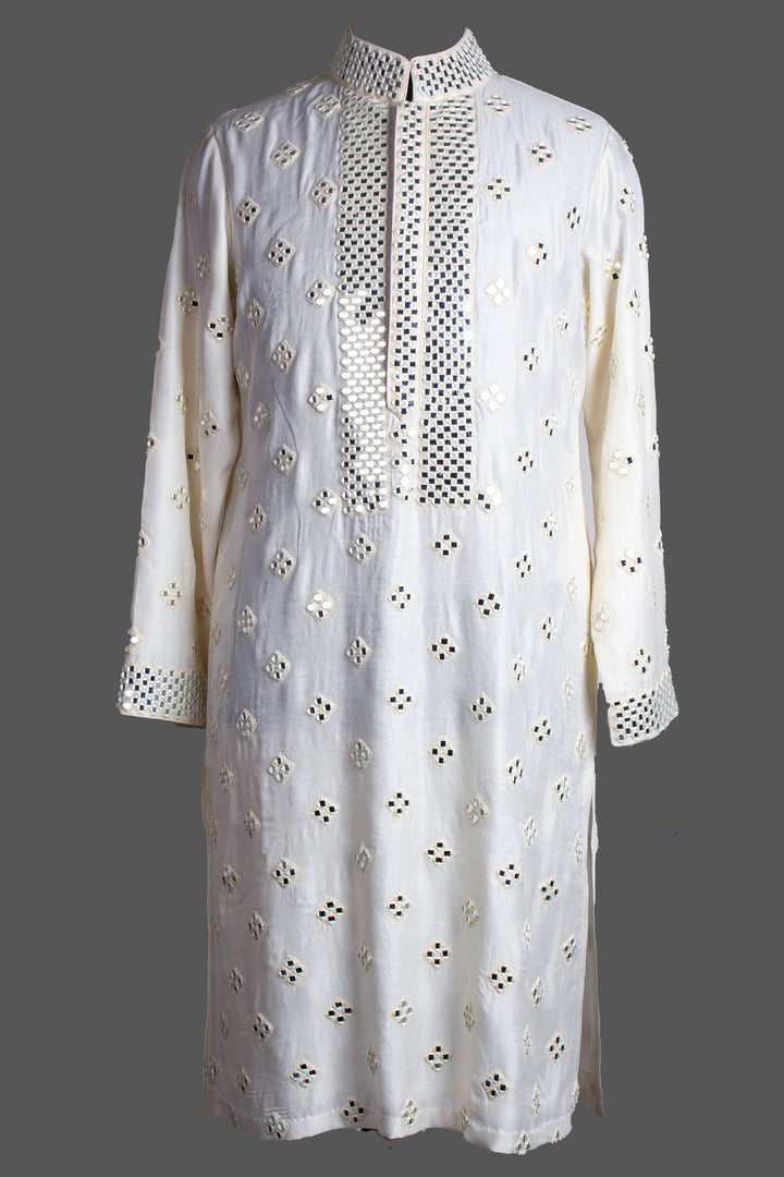 Off-White Chanderi Kurta for Men | Mirror Work Embroidered Designer Kurta | Luxury Wedding & Festive Wear