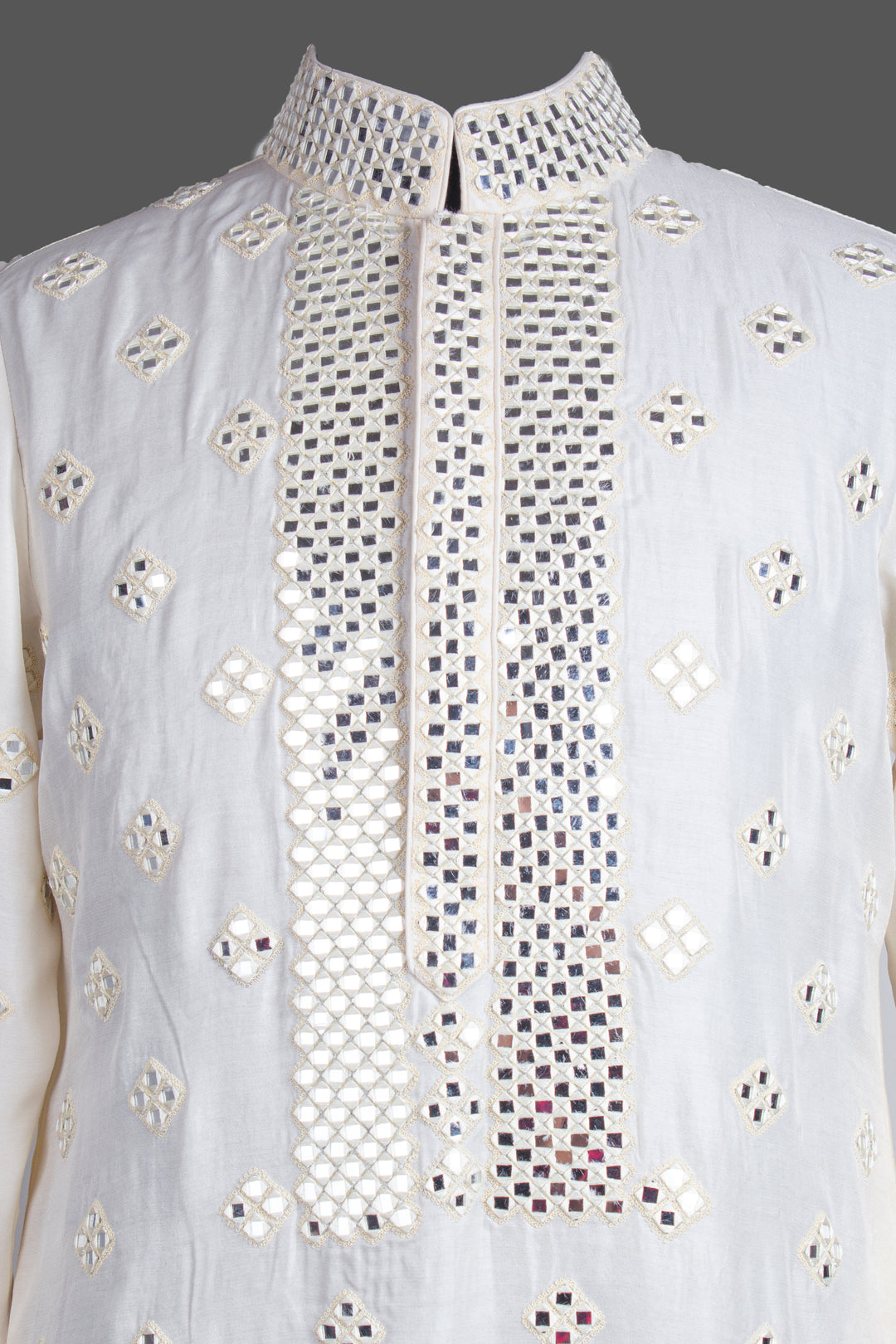 Off-White Chanderi Kurta for Men | Mirror Work Embroidered Designer Kurta | Luxury Wedding & Festive Wear