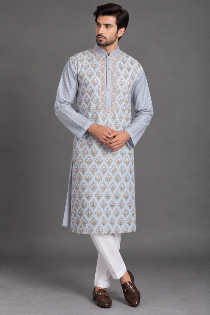 Grey Chanderi Kurta for Men | Jaal Machine Embroidered Designer Kurta | Wedding & Festive Wear