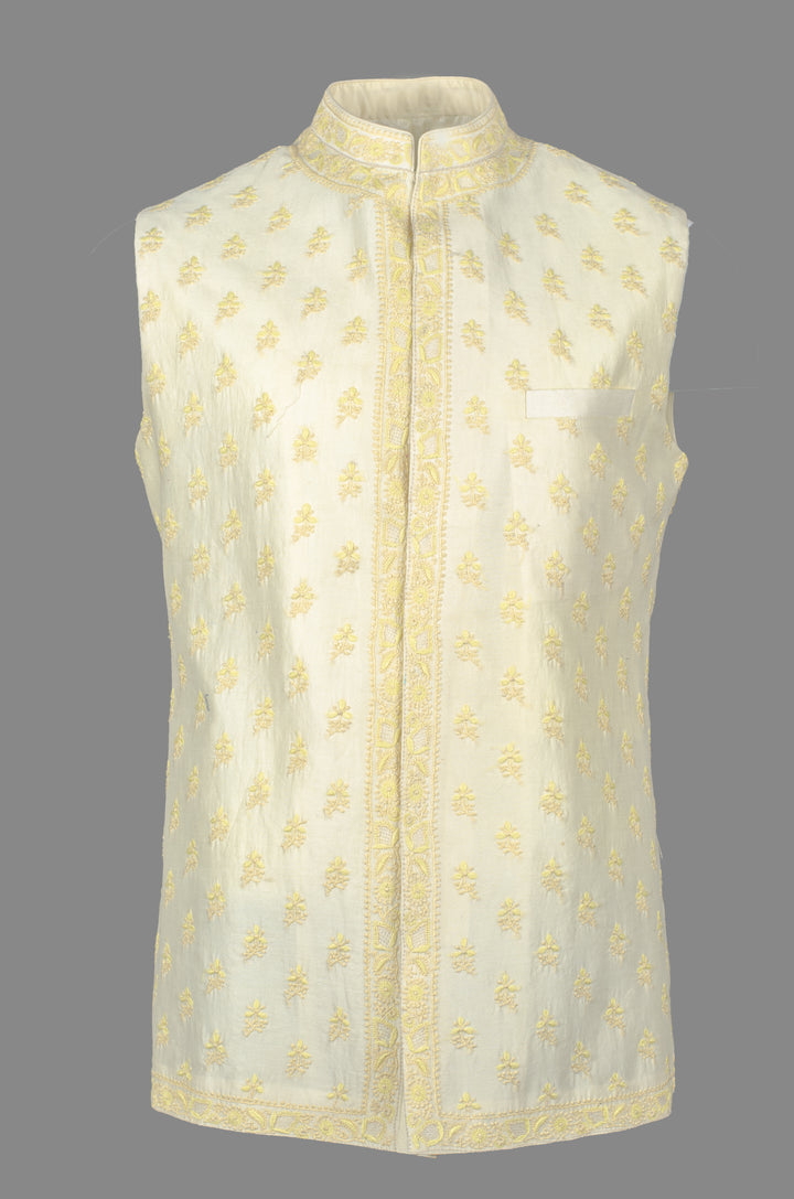 Men’s Cream Yellow Chanderi Bundi with Hand Chikankari Booti Embroidery