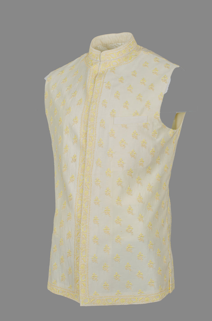 Men’s Cream Yellow Chanderi Bundi with Hand Chikankari Booti Embroidery