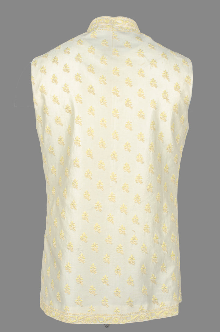 Men’s Cream Yellow Chanderi Bundi with Hand Chikankari Booti Embroidery