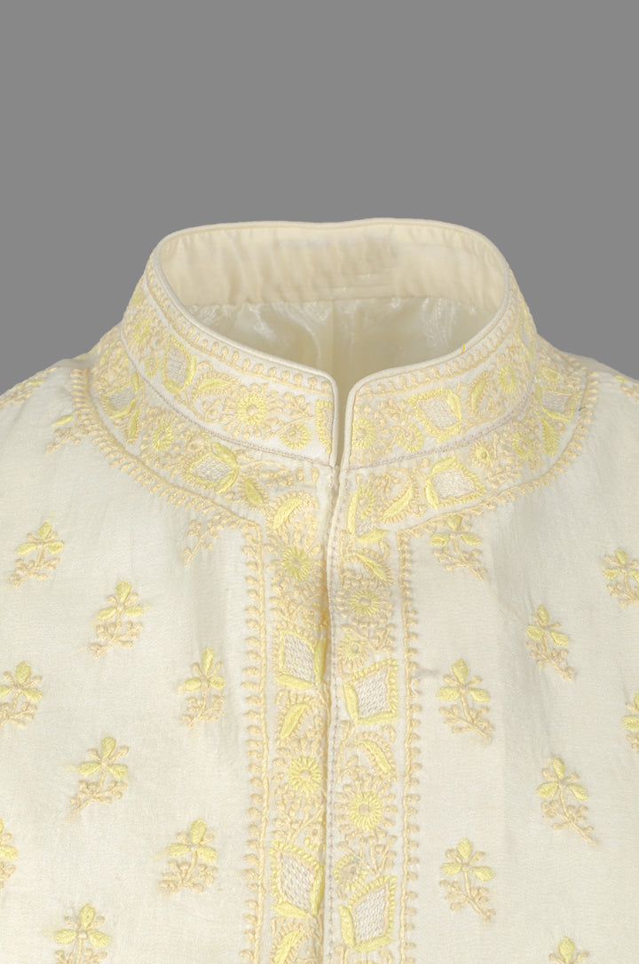 Men’s Cream Yellow Chanderi Bundi with Hand Chikankari Booti Embroidery