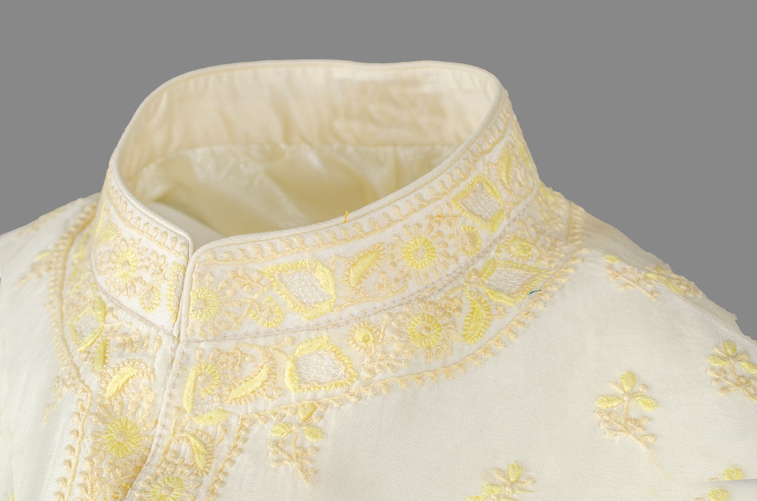 Men’s Cream Yellow Chanderi Bundi with Hand Chikankari Booti Embroidery