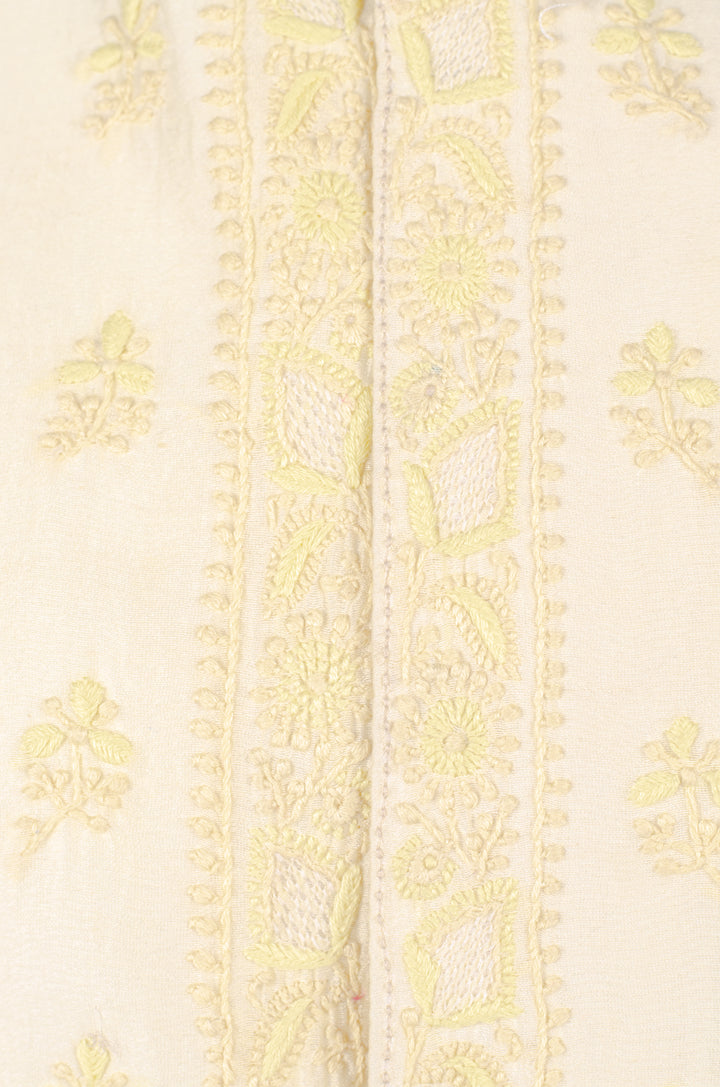 Men’s Cream Yellow Chanderi Bundi with Hand Chikankari Booti Embroidery
