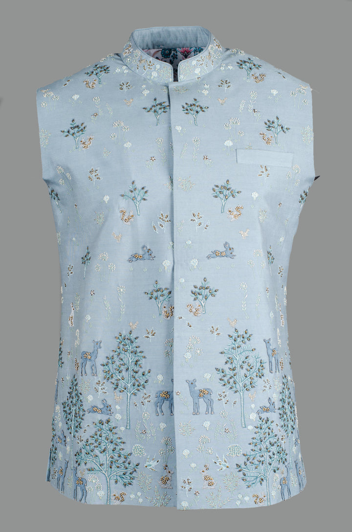 Men’s Sky Blue Cotton Silk Bundi with All-Over Hand & Machine Embroidery