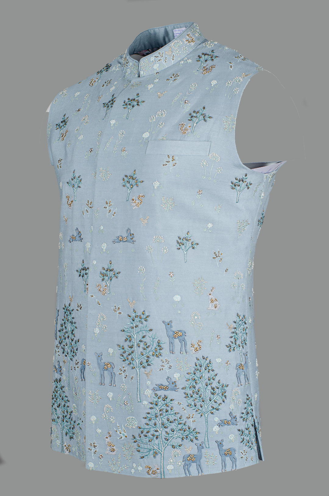 Men’s Sky Blue Cotton Silk Bundi with All-Over Hand & Machine Embroidery