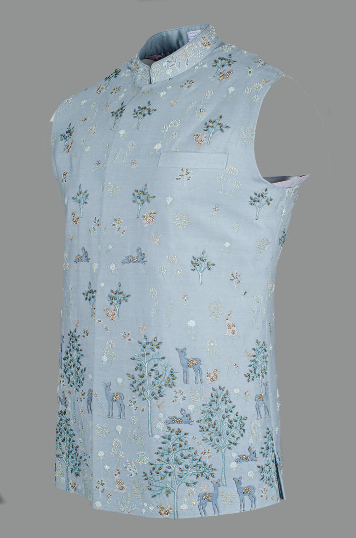 Men’s Sky Blue Cotton Silk Bundi with All-Over Hand & Machine Embroidery