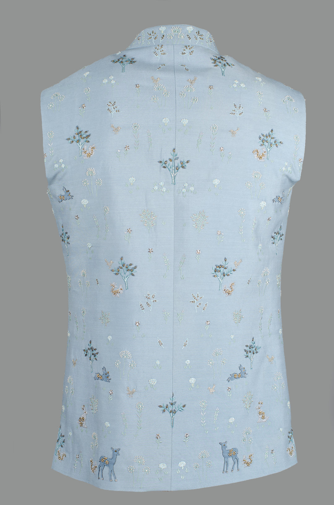 Men’s Sky Blue Cotton Silk Bundi with All-Over Hand & Machine Embroidery