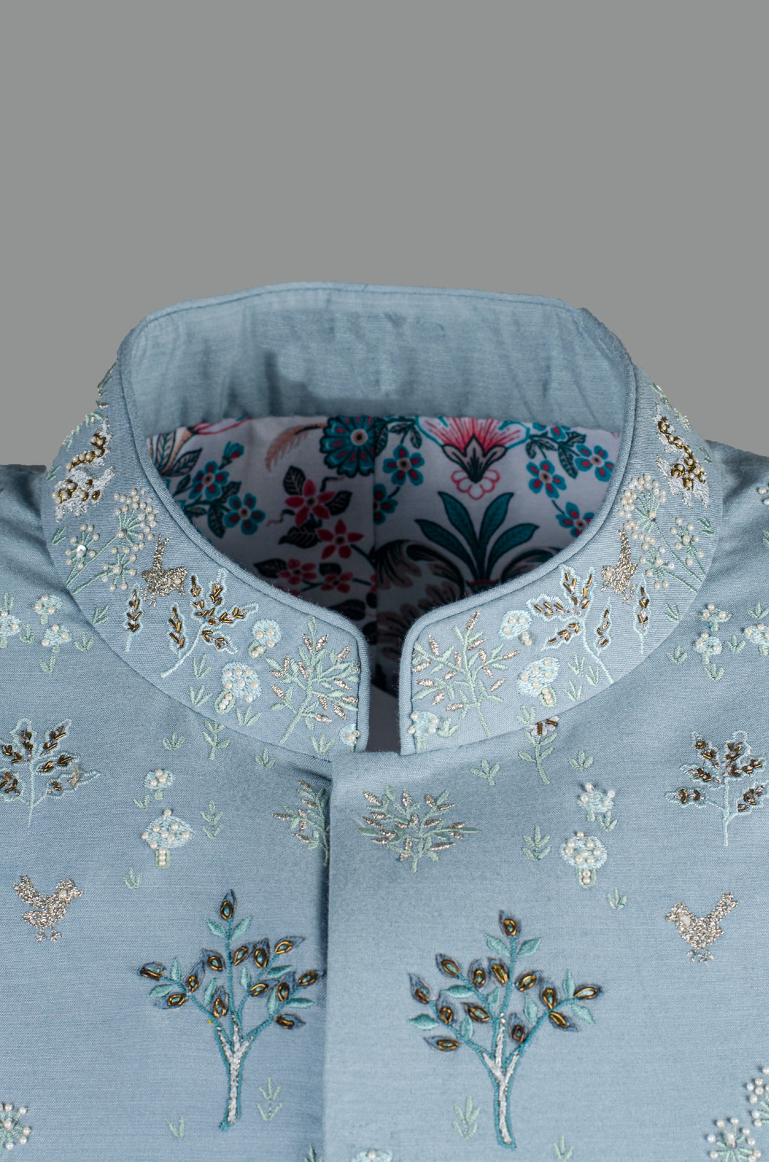 Men’s Sky Blue Cotton Silk Bundi with All-Over Hand & Machine Embroidery