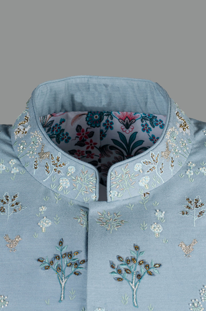 Men’s Sky Blue Cotton Silk Bundi with All-Over Hand & Machine Embroidery