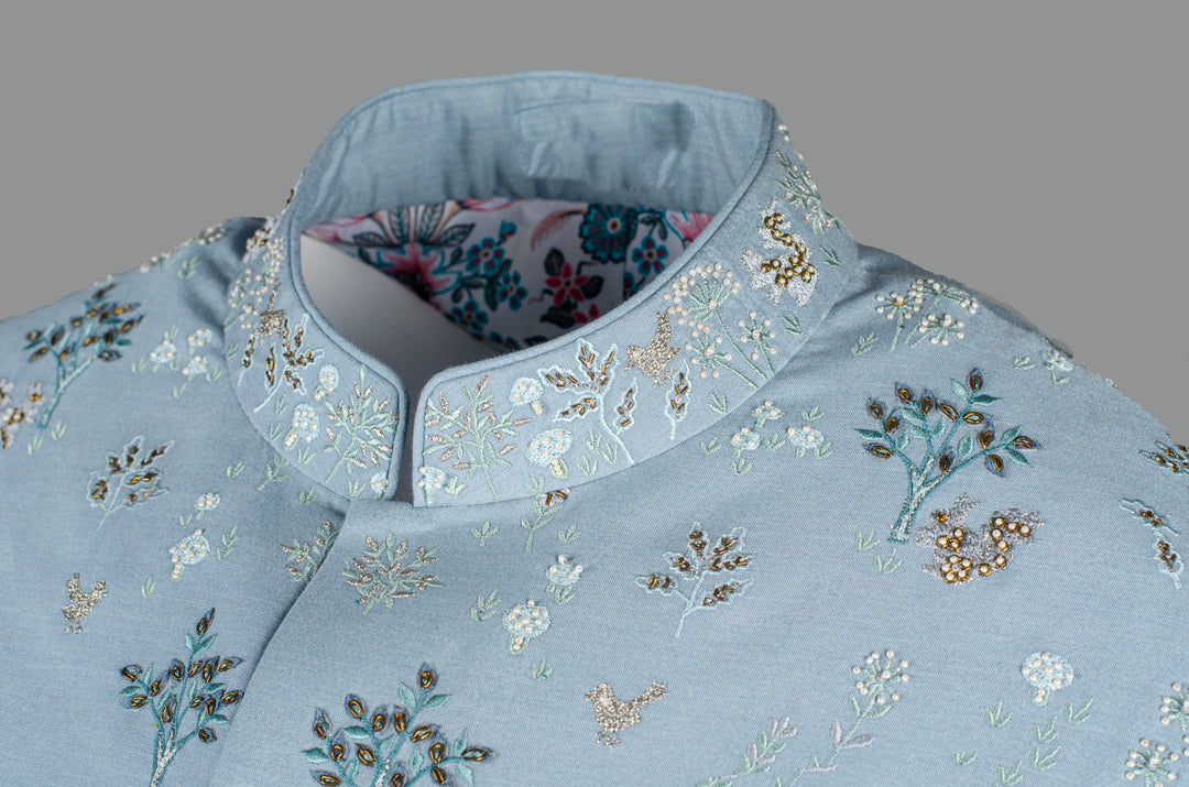 Men’s Sky Blue Cotton Silk Bundi with All-Over Hand & Machine Embroidery