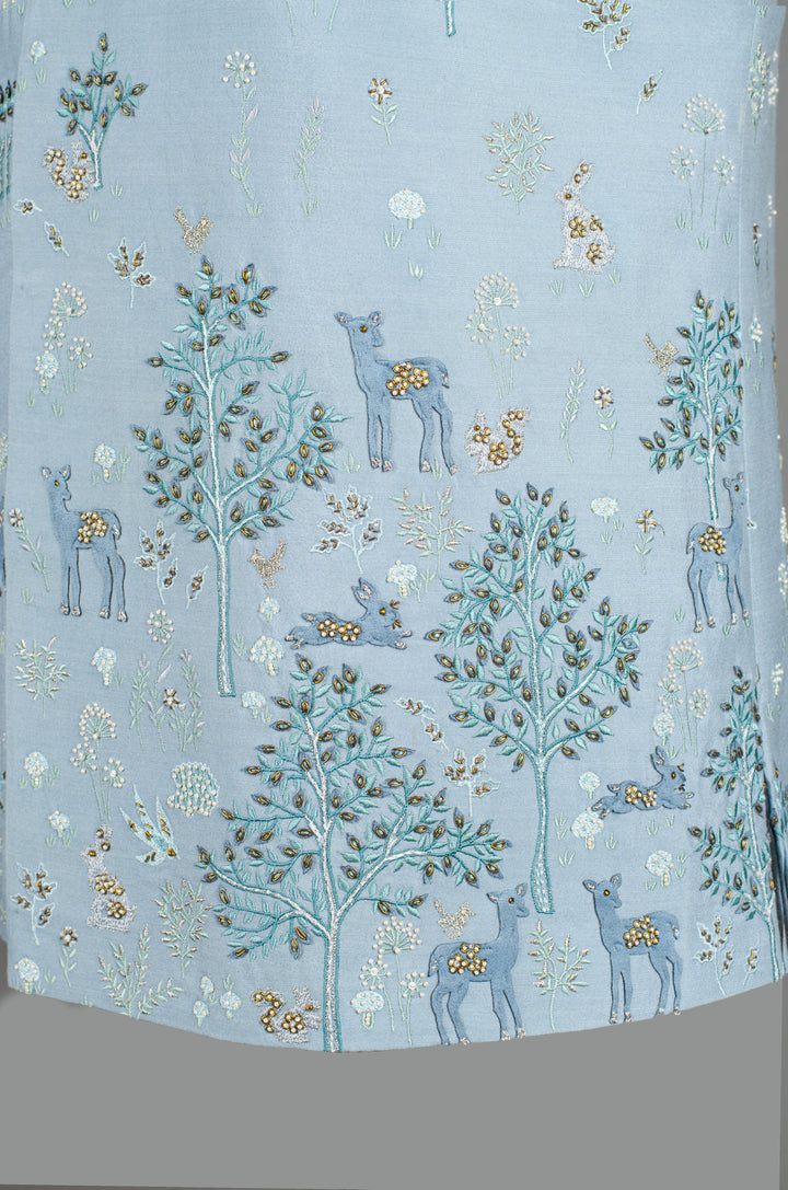 Men’s Sky Blue Cotton Silk Bundi with All-Over Hand & Machine Embroidery