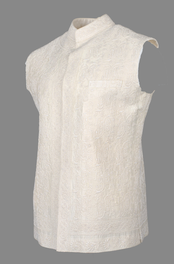 Men’s Cream Chanderi Bundi with Hand Chikankari Embroidery