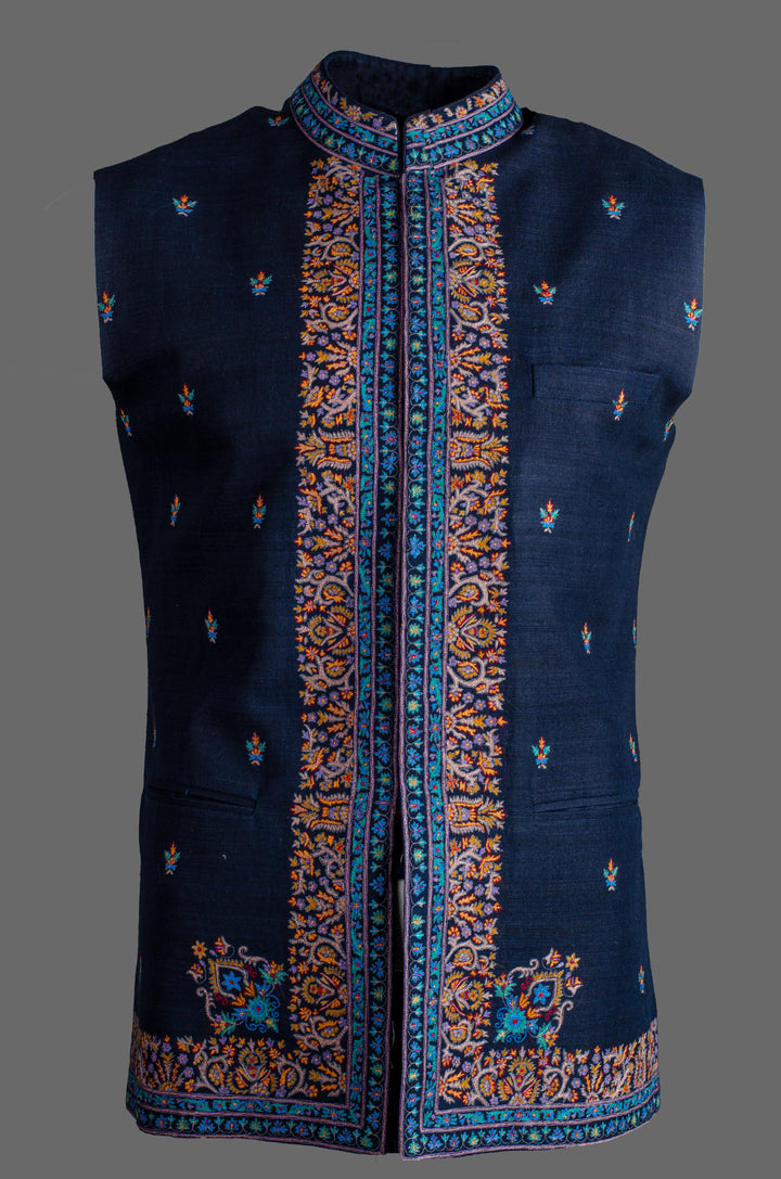Men’s Navy Blue Matka Silk Bundi with Booti Embroidery