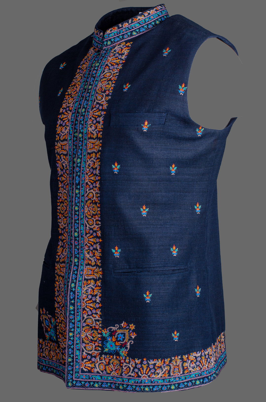 Men’s Navy Blue Matka Silk Bundi with Booti Embroidery