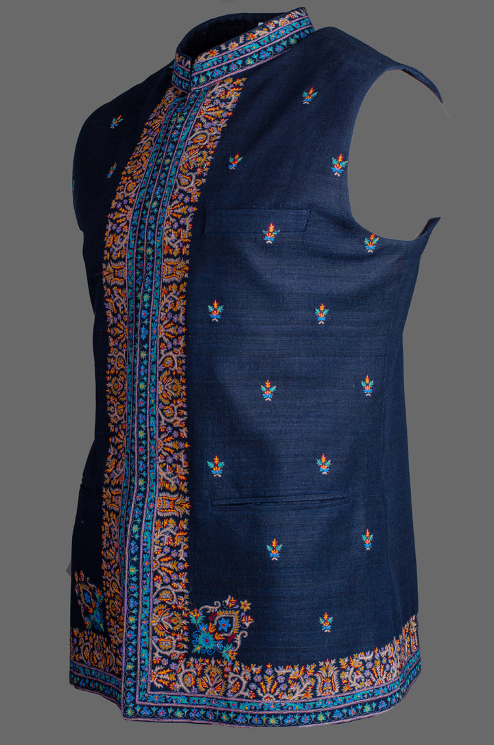 Men’s Navy Blue Matka Silk Bundi with Booti Embroidery