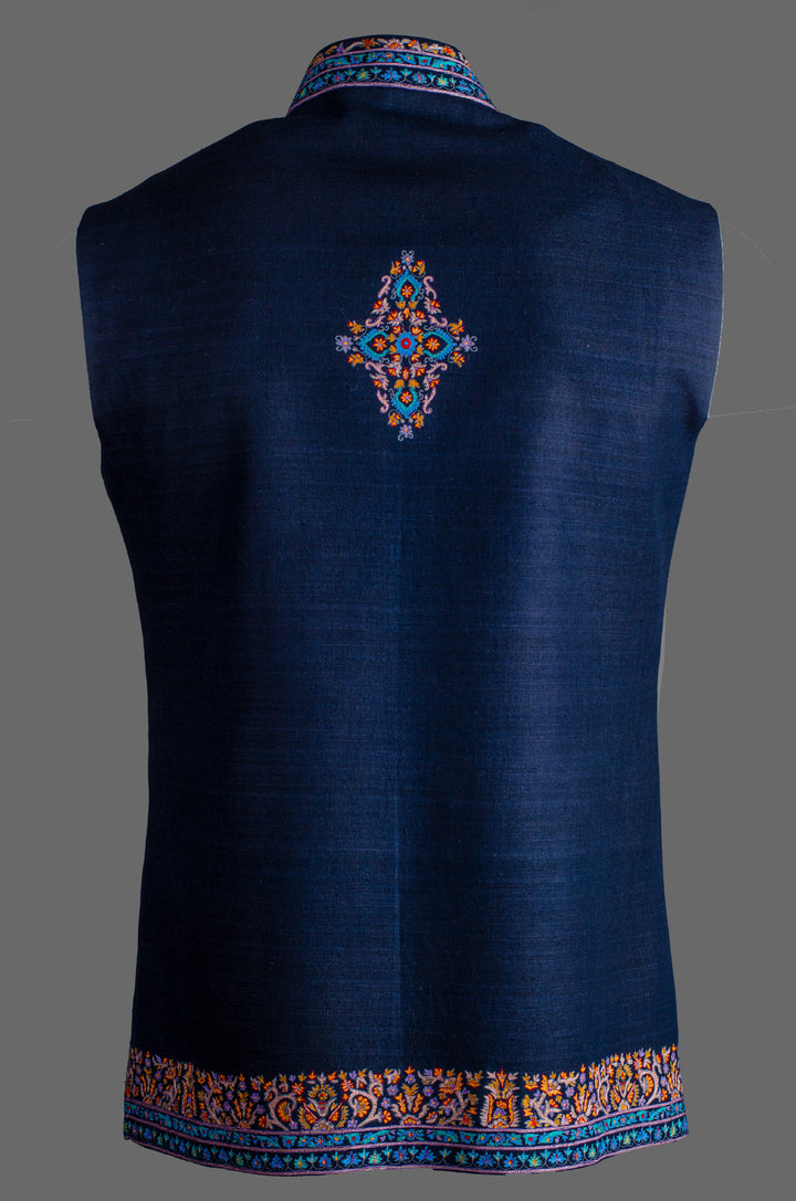 Men’s Navy Blue Matka Silk Bundi with Booti Embroidery