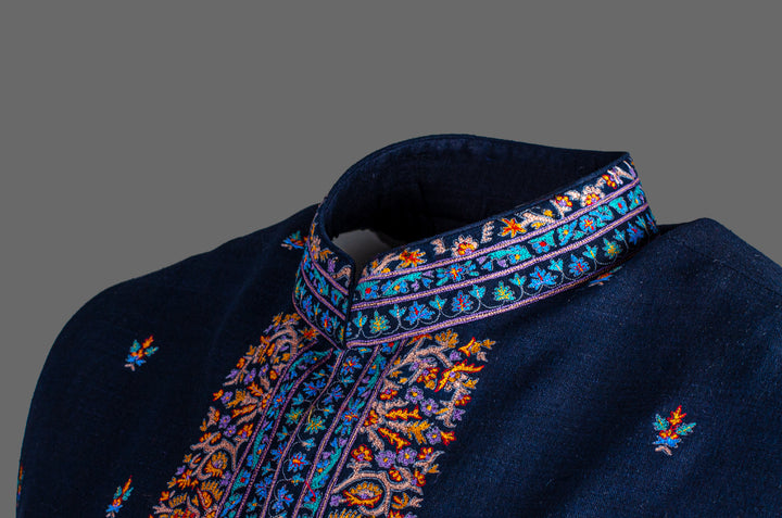 Men’s Navy Blue Matka Silk Bundi with Booti Embroidery