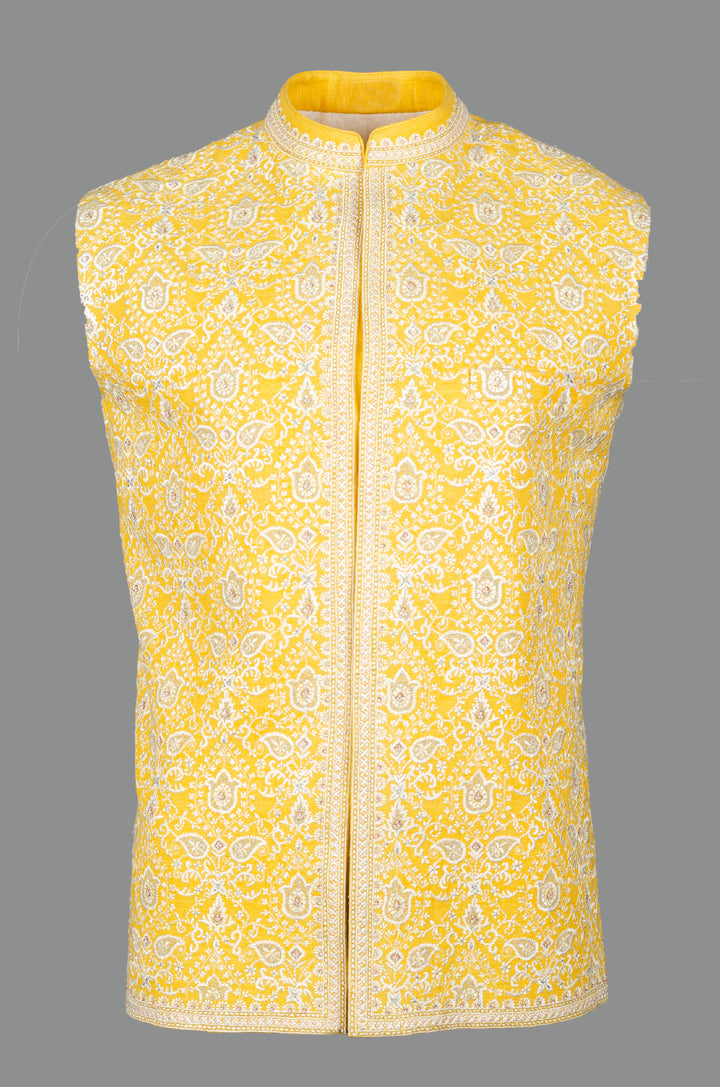 Men’s Yellow Matka Silk Bundi with Geometric Machine Embroidery