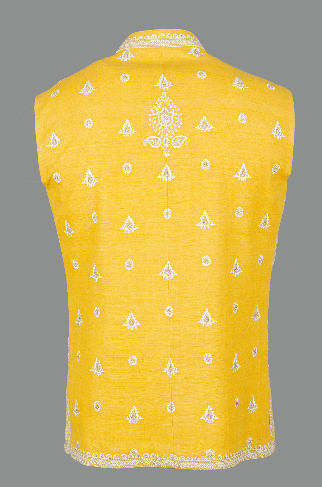 Men’s Yellow Matka Silk Bundi with Geometric Machine Embroidery