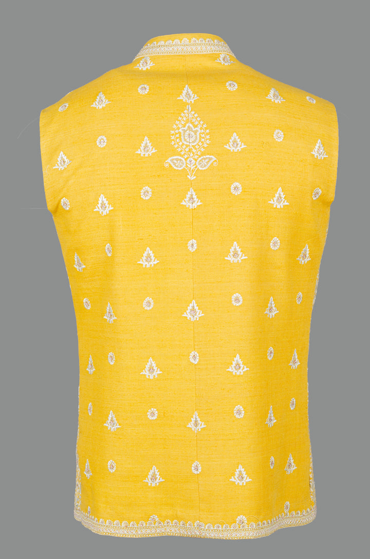 Men’s Yellow Matka Silk Bundi with Geometric Machine Embroidery